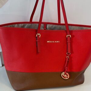 Michael Kors Red and Brown Jet Set Travel Tote Bag